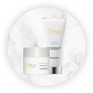 A white marble circle with the Recovery creme and AHA/BHA exfoliator