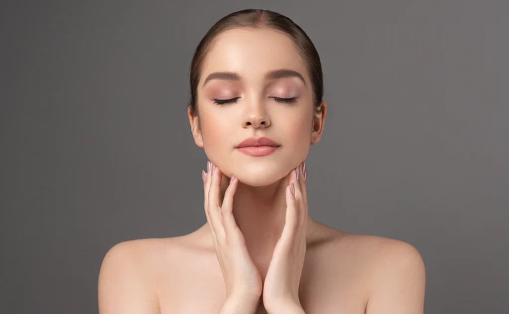 A woman gently touching her smooth, radiant skin after a facial treatment.