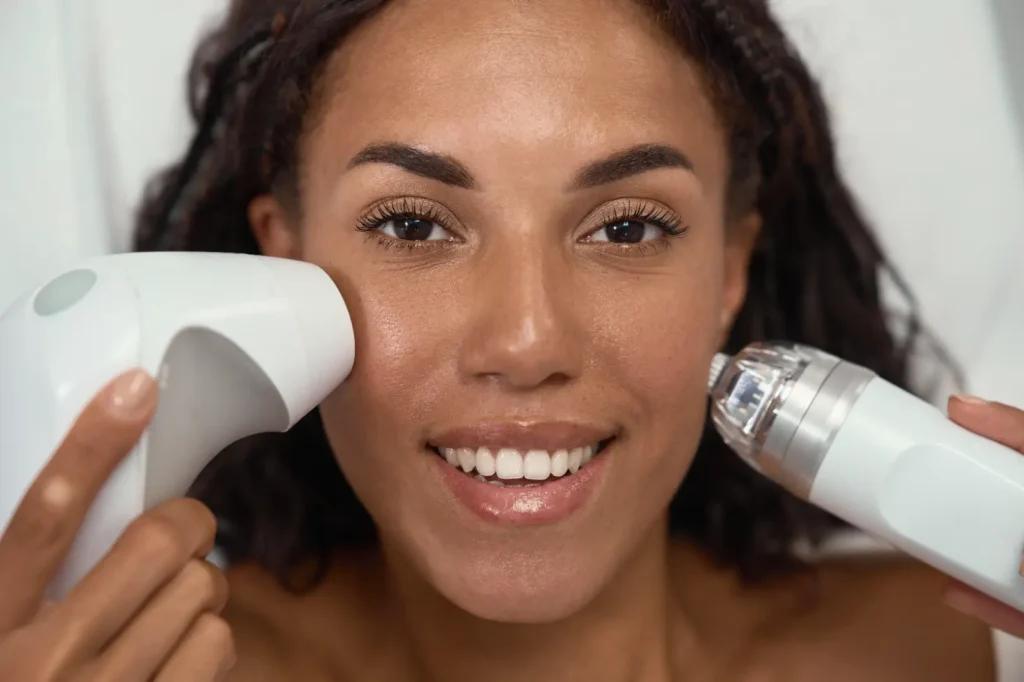 Woman holds two white handheld skincare devices beside her cheeks, one with a gray tip and one with a clear tip.